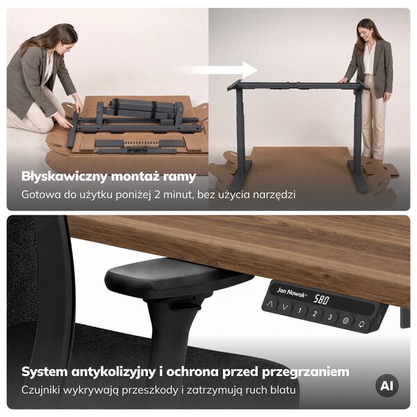 Biurko elektryczne z regulacją wysokości ergonomiczne antracytowe/orzech,1200x600 mm: ARIA