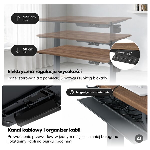 Biurko elektryczne z regulacją wysokości ergonomiczne antracytowe/orzech,1200x600 mm: ARIA