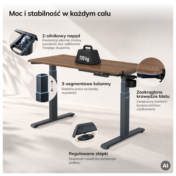 Biurko elektryczne z regulacją wysokości ergonomiczne antracytowe/orzech,1200x600 mm: ARIA