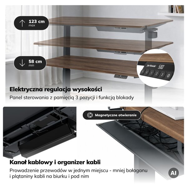 Biurko elektryczne z regulacją wysokości ergonomiczne antracytowe/orzech,1600x800 mm: ARIA