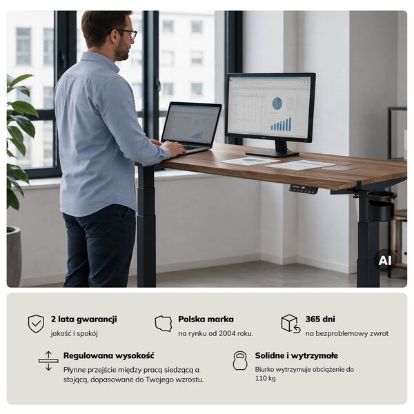 Biurko elektryczne z regulacją wysokości ergonomiczne antracytowe/orzech,1600x800 mm: ARIA