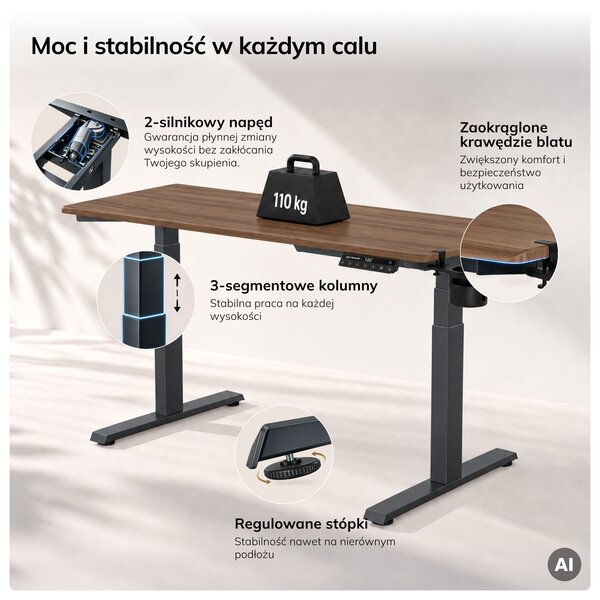 Biurko elektryczne z regulacją wysokości ergonomiczne antracytowe/orzech,1600x800 mm: ARIA