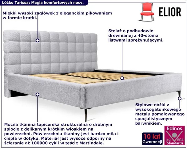 Popielate łóżko tapicerowane na metalowych nożkach P5-M47