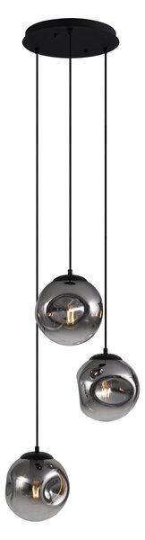 Lampa wisząca Art Deco czarna ze szkłem dymnym 3-źródła światła - Douglass