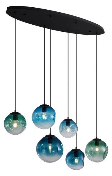 Lampa wisząca w stylu Art Deco czarna z owalną płytą sufitową i zielono-niebieskim szkłem 6-punktowa - Douglass