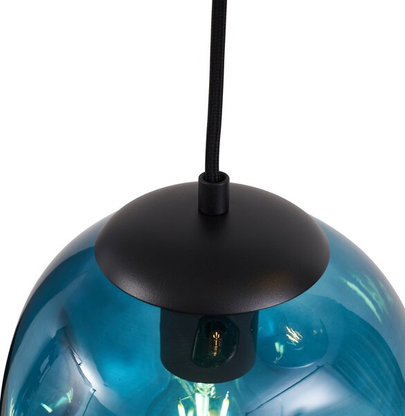 Lampa wisząca w stylu Art Deco czarna z owalną płytą sufitową i zielono-niebieskim szkłem 6-punktowa - Douglass