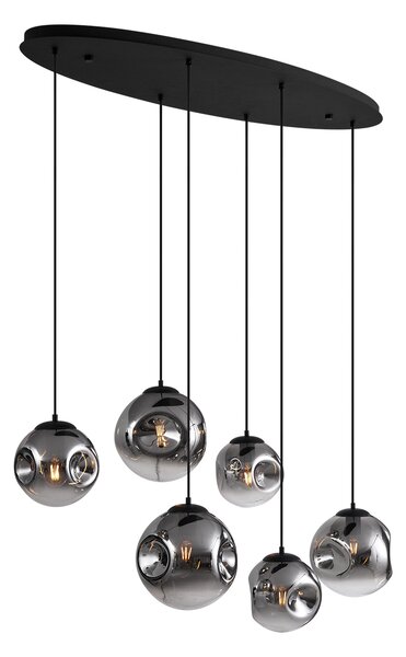 Lampa wisząca w stylu Art Deco czarna z owalną płytą sufitową i przydymionym szkłem 6-źródeł światła - Douglass Oswietlenie wewnetrzne
