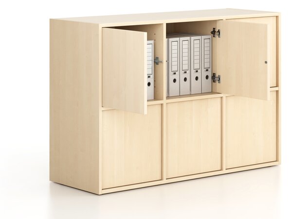 Szafa biurowa FRAME, niska, 6x drzwi, 1299 x 450 x 881 mm, PUSH-lock, brzoza
