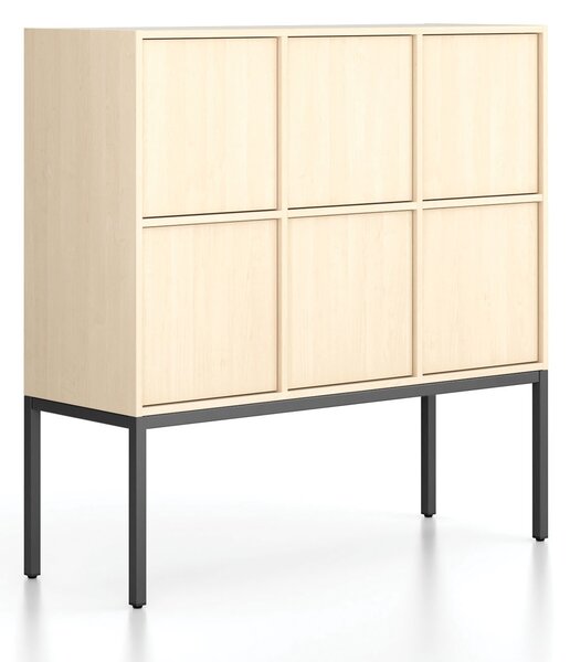 Szafa biurowa FRAME, niska, czarna podstawa, 6x drzwi, 1299 x 450 x 1331 mm, PUSH-lock, brzoza