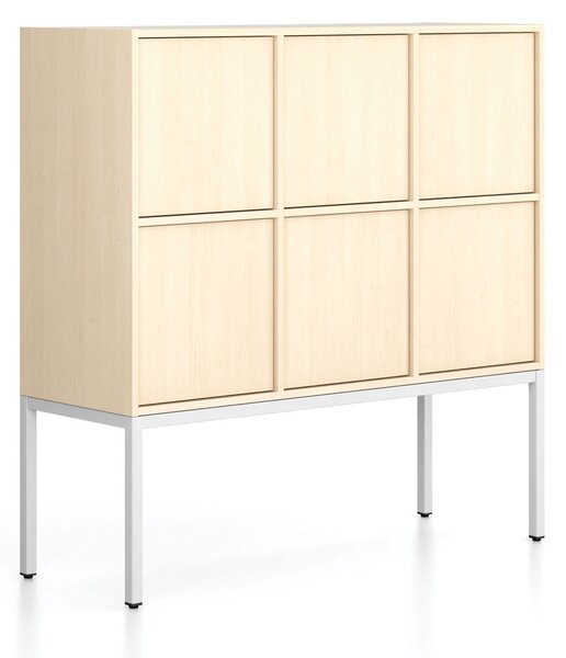 Szafa biurowa FRAME, niska, podstawa biała, 6x drzwi, 1299 x 450 x 1331 mm, PUSH-lock, brzoza