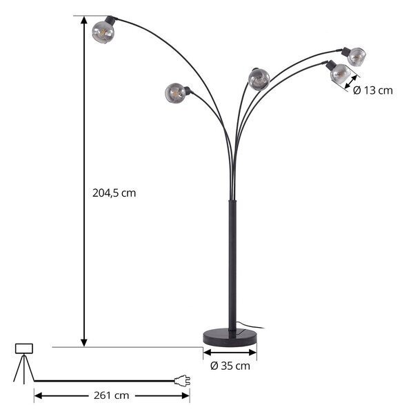 Lampa podłogowa Lindby Braccio, szary/czarny, szkło, 5-punktowa, 204,5cm