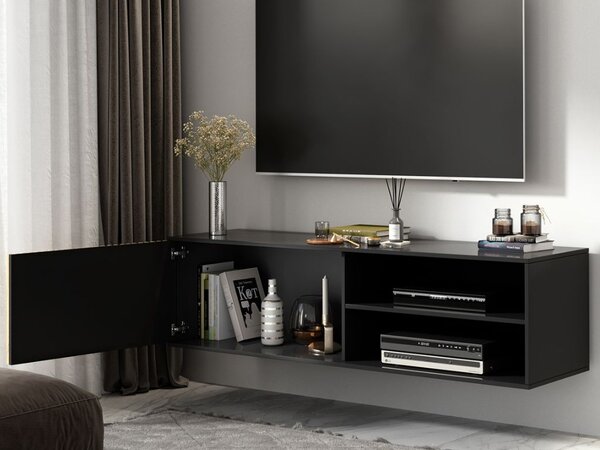 PROMOCJA Wisząca szafka TV MEORATI 150x40 cm, czarna/dąb artisan II. gatunek