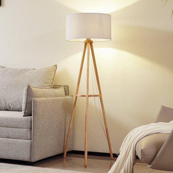 Lampa stojąca Adamio Lindby, jasne drewno, salon / jadalnia, drewno, dworkowy / rustykalny