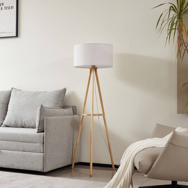 Lampa stojąca Adamio Lindby, jasne drewno, salon / jadalnia, drewno, dworkowy / rustykalny