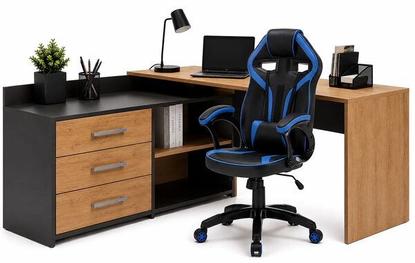 Biurko komputerowe z czarno-niebieskim ergonomicznym fotelem P7-W51