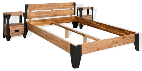Rama łóżka i 2 szafki nocne, drewno akacjowe, stal, 140x200 cm