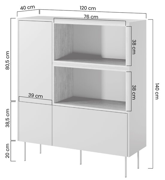 Komoda wysoka Desin 120 cm z wnękami, szufladą i metalowymi nogami- kaszmir / dąb nagano