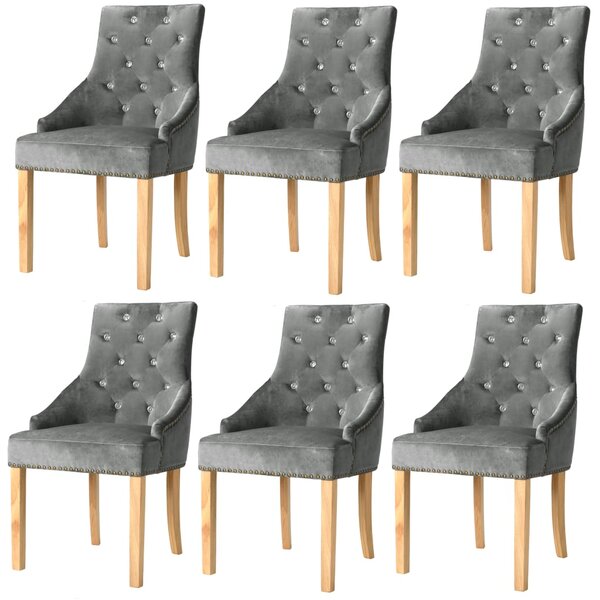 Krzesła stołowe, 6 szt., srebrne, lite drewno dębowe i aksamit