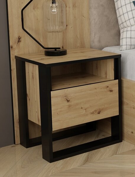Stolik nocny "VERA" dąb artisan, czarne nóżki U