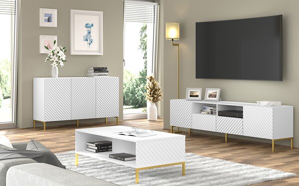 Komoda w stylu glamour biały mat + złote nóżki T8-E92