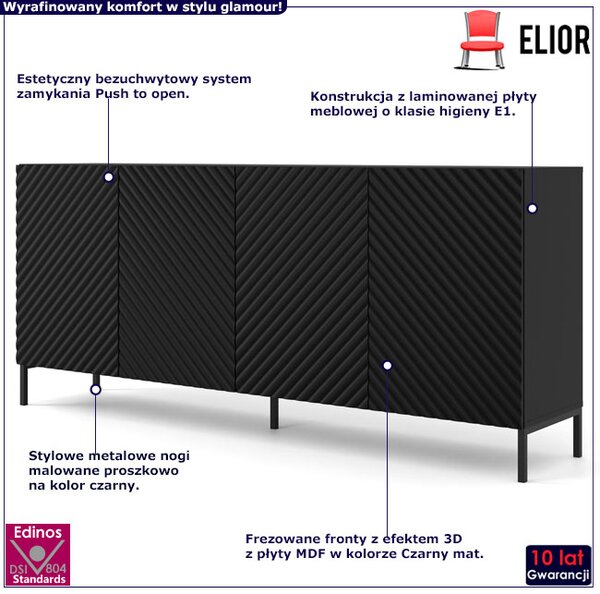 Komoda z półkami 200 cm czarny mat + czarne nóżki K9-R52