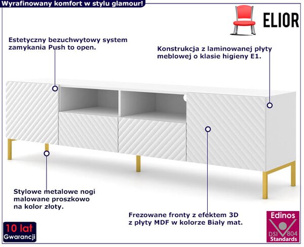 Szafka rtv z 2 szufladami biały mat + złote nóżki S7-S65