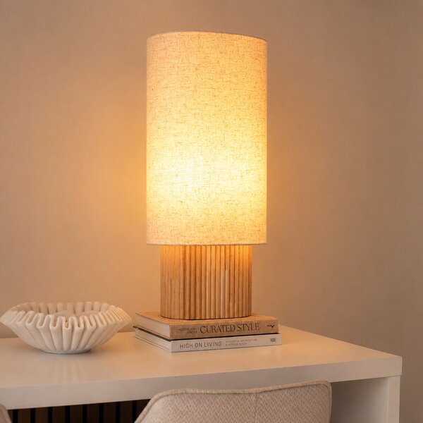 Lampa stołowa Japandi drewniana z lnianym abażurem 70 cm - Lamel
