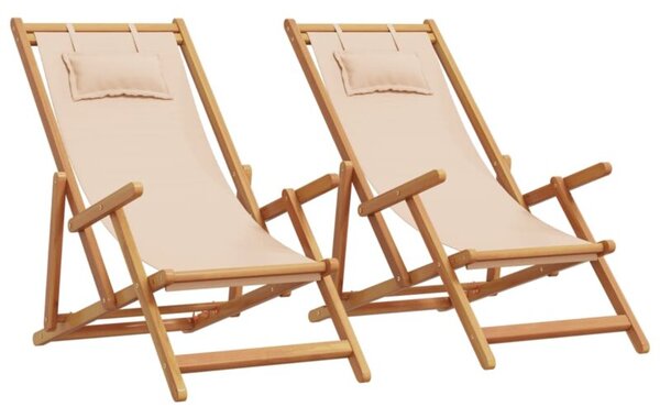 Składane krzesła plażowe, 2 szt., beżowe, tkanina i lite drewno