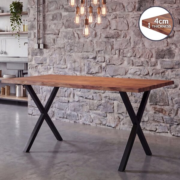 FineBuy Stół do jadalni 120 cm prostokątny z litego drewna akacjowego Industrial Stół do jadalni z litego drewna Stół kuchenny z litego drewna Stół z litego drewna z ramą w kształcie litery X Czarny