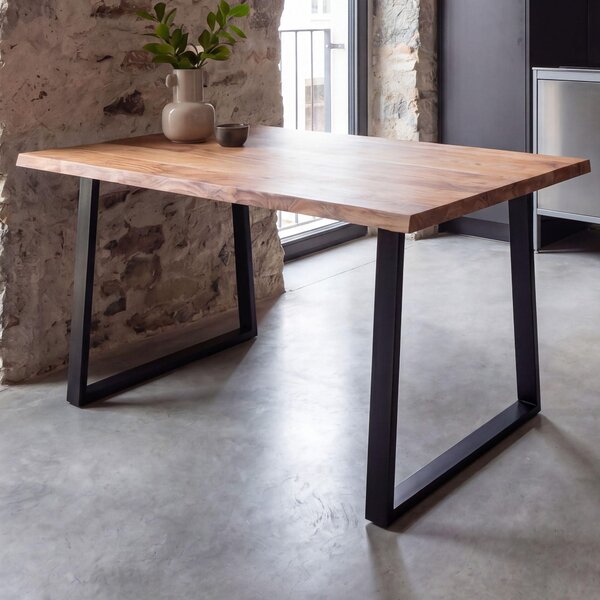 FineBuy Stół do jadalni 120 cm prostokątny z litego drewna akacjowego z naturalną krawędzią - Industrialny stół do jadalni z litego drewna - Stół kuchenny - Stół z naturalną krawędzią