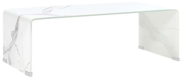 Stolik kawowy, biały, marmurkowy, 98x45x31 cm, szkło hartowane