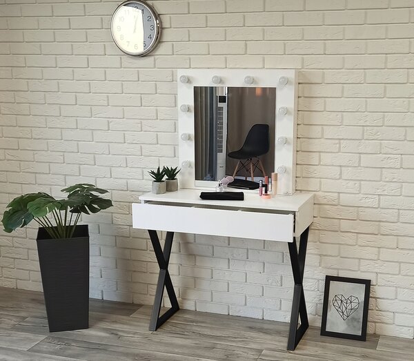 Toaletka "VOGA" z lustrem "MILA" biała mat, 90cm, czarny X