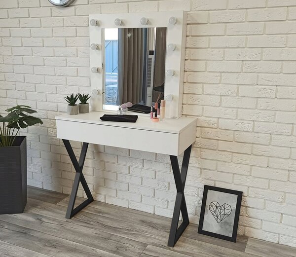Toaletka "VOGA" z lustrem "MILA" biała mat, 90cm, czarny X
