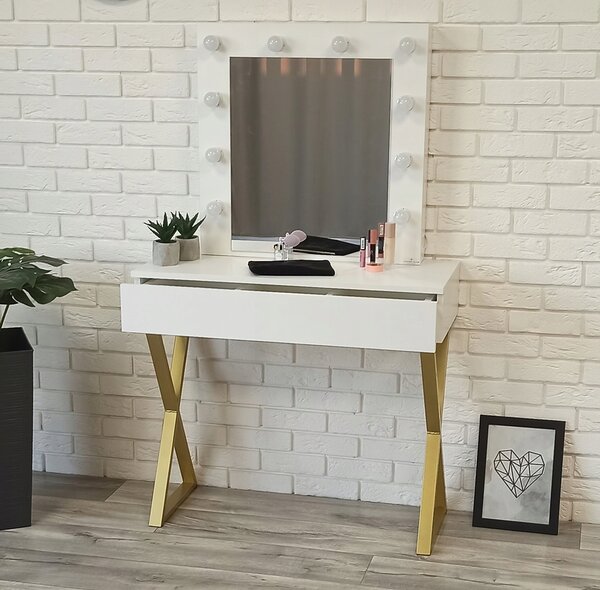 Toaletka "VOGA" z lustrem "MILA" biała mat, 90cm, złoty X