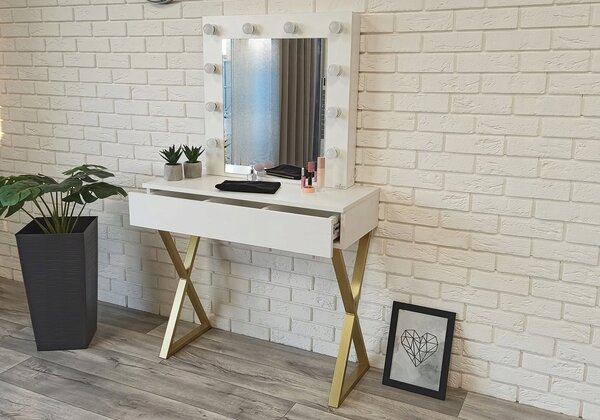 Toaletka "VOGA" z lustrem "MILA" biała mat, 90cm, złoty X