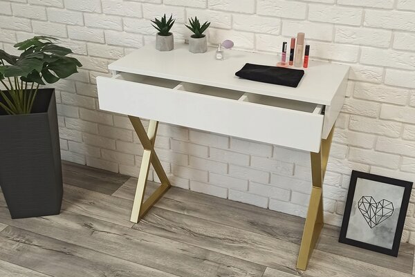 Toaletka "VOGA" z lustrem "MILA" biała mat, 90cm, złoty X