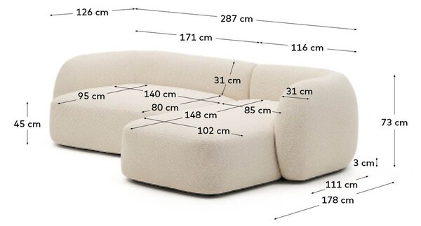 Kremowy narożnik z tkaniny szenilowej (prawostronny/z szezlongiem) Martina – Kave Home