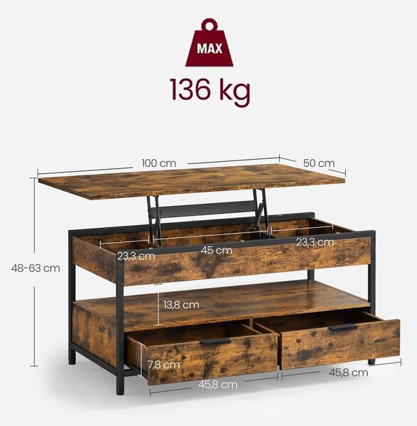 Regulowany stół konferencyjny GASPAR, 50x100x(48-63)cm, brąz/czarna Vasagle
