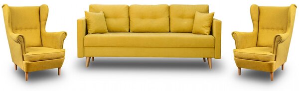 Zestaw Wypoczynkowy Sofa z Funkcją Spania + 2 Fotele Uszak Musztardowy
