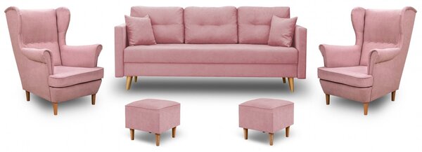 Zestaw Wypoczynkowy Skandynawski Sofa + 2 Fotele Uszak z Podnóżkami Pudrowy Róż