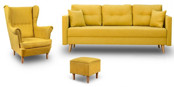 Zestaw Wypoczynkowy Skandynawski Sofa + Fotel Uszak z Podnóżkiem Musztardowy