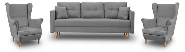 Zestaw Wypoczynkowy Sofa z Funkcją Spania + 2 Fotele Uszak Szary