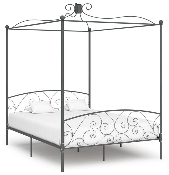 Rama łóżka z baldachimem, szara, metalowa, 160 x 200 cm