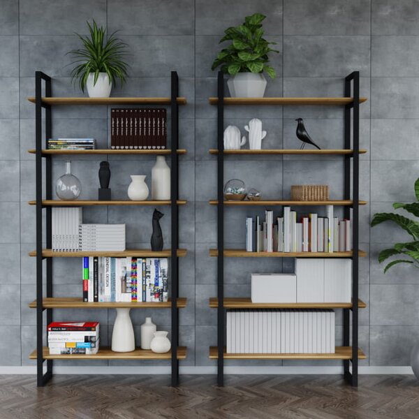 Regał Ladder Elegant dębowe frezowane półki w solidnej stalowej ramie