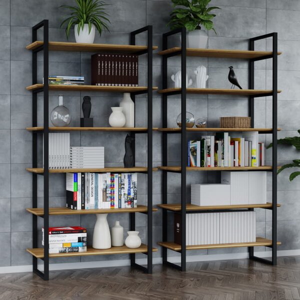 Regał Ladder Elegant dębowe frezowane półki w solidnej stalowej ramie
