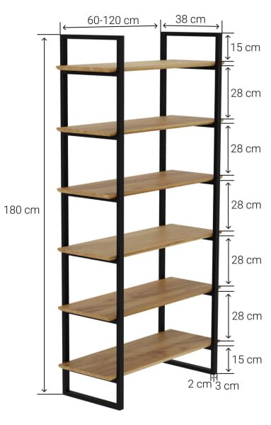 Regał Ladder Elegant dębowe frezowane półki w solidnej stalowej ramie