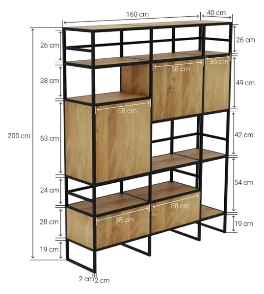 Regał Industrialny Monster — coś więcej niż zwykły regał. Stalowa konstrukcja z różnej wielkości przestrzeniami. Drewno w 100% lite dębowe