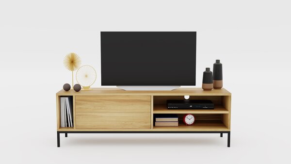 Szafka RTV Smooth Loft - lite drewno, komfortowe otwieranie szuflad na dotyk, nowoczesny loftowy design