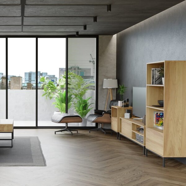 Szafka RTV Smooth Loft - lite drewno, komfortowe otwieranie szuflad na dotyk, nowoczesny loftowy design