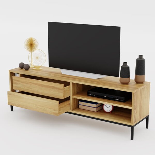 Szafka RTV Smooth Loft - lite drewno, komfortowe otwieranie szuflad na dotyk, nowoczesny loftowy design